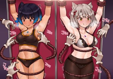 2girls body_lines bondage bound cat_ears cat_girl catgirl core_crystal female female_focus female_only femsub flaming_hair mio_(xenoblade) oniisan02b panties_under_pantyhose sena_(xenoblade) side_ponytail sports_bra tickle_fetish tickle_torture tickling tickling_armpits underwear xenoblade_(series) xenoblade_chronicles_3 yotsuhauni