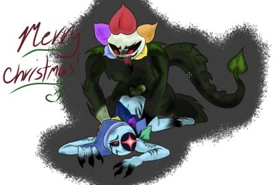 amused artist_request astro_(dandy's_world) black_blood black_sclera bleeding consensual dandy's_world dandy_(dandy's_world) enjoying enjoyment furry gay hickey ichor knot male male/male monster moonflower_(dandy's_world) no_background obscured_genitals penetration penile_penetration penis