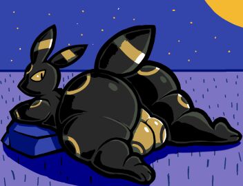 anthro ass backsack balls ballsack big_ass big_balls big_butt biped black_body black_fur bulge canid clothing digital_media_(artwork) eeveelution fur gayguyfella generation_2_pokemon genitals lying male male_anthro male_only mammal nintendo on_front perineum pokemon pokemon_(species) presenting simple_background solo solo_male tail umbreon underwear