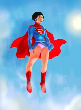 bare_legs black_hair blue_skirt cape clothed dc dc_comics flying full_body kara_zor-el panties pink_panties short_hair skirt sky supergirl supergirl_(sasha_calle) supergirl_(series) superman_(series) unknown_artist