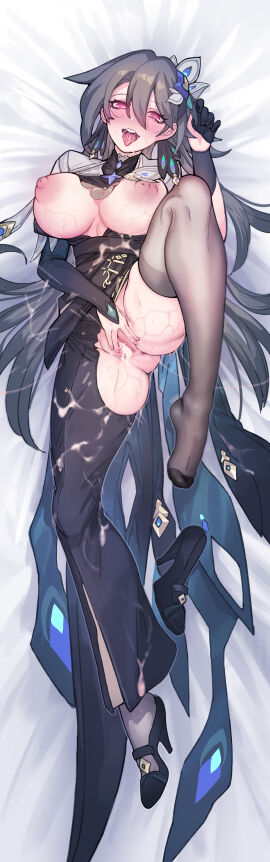 absurdres asymmetrical_clothes black_footwear black_thighhighs blush breasts breasts_out chinese_commentary commentary_request female from_above full_body grey_hair high_heels highres honkai_(series) honkai_impact_3rd knee_up large_breasts long_hair lying nipples on_back open_mouth pussy pussy_juice red_eyes saliva shoes single_pantsleg single_shoe single_thighhigh solo spread_pussy spreading_own_pussy thighhighs tongue tongue_out very_long_hair vita_(honkai_impact) wu-qiao