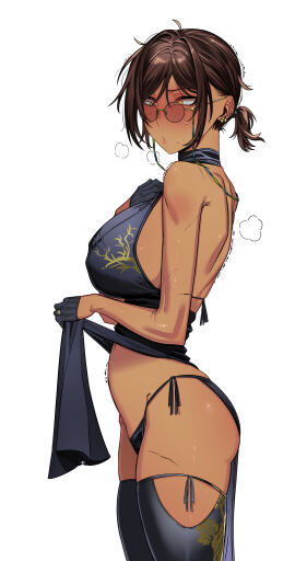 brown_hair brown_skin earrings female glasses limbus_company outis_(limbus_company) project_moon rhlatm tagme yellow_eyes