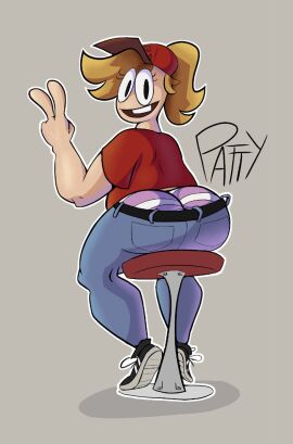 ass ass_cleavage ass_crack bar_stool big_ass blonde_hair bottomwear_halfway_down butt_crack eddy_spugeddy exposed_underwear huge_ass jeans oc original original_character peace_sign ponytail sneakers tagme text wardrobe_malfunction