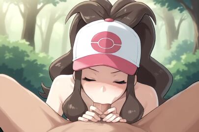 ai_art ai_generated animated blowjob blue_eyes brown_hair chatrule.ai deepthroat forest hilda_(pokemon) naked no_sound oral oral_sex outdoors penis pokemon pov tagme video