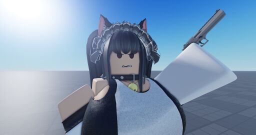 3d angry baseplate big_breasts breasts female neko neko_(neko_rr34) neko_rr34 pistol roblox roblox_avatar roblox_studio robloxian tagme
