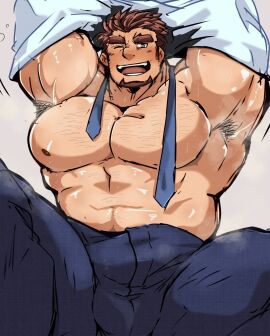 armpit armpit_hair armpits balls bara blush bulge crave_saga facial_hair flaccid kaeru333938123 kousuke_tsukumo male male_only muscles muscular musk necktie one_eye_closed pecs penis removing_clothing removing_shirt solo solo_male sweat sweating undressing yaoi
