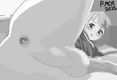 1boy 1girls :o anal anal_insertion anal_vore anus ass balls bed big_ass big_ass_(male) bottomless bottomless_male censored female female_penetrating female_penetrating_male femboy giant giant_femboy indoors male male_penetrated medium_hair micro_female mosaic_censoring no_color open_mouth original otoko_no_ko paimoe penis solo_focus testicles