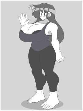athletic athletic_female barefoot big_breasts black_bra black_hair black_pants blue_tank_top breast_outline breasts calves female marie_(tag-a-long) mime mime_girl mouthless mouthless_female noseless original original_art original_artwork tag-a-long white_body white_skin