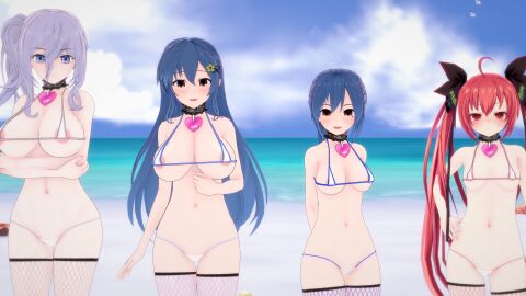 3d 3d_(artwork) 4girls ass beach belly big_breasts bikini breasts cleavage collar date_a_live female female_focus female_only highres itsuka_kotori itsuka_shiori koikatsu large_breasts light-skinned_female light_skin medium_breasts micro_bikini multiple_females multiple_girls murasame_reine pale-skinned_female pale_skin side_ponytail small_breasts standing swimsuit takamiya_mana twintails younger_female