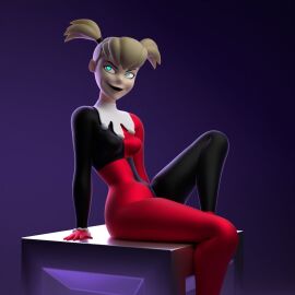 1girls 3d batman:_the_animated_series batman_(series) big_breasts blonde_hair blue_eyes bodysuit breasts clothed clothed_female dc dc_comics female female_only fully_clothed harleen_quinzel harley_quinn harley_quinn_(classic) harley_quinn_(dcau) non-nude pigtails smile solo tagme thick_thighs wide_hips yurisylentra