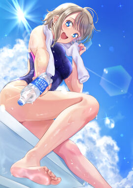 1girls absurdres back blue_eyes blush breasts brown_hair cloud cloudy_sky competition_swimsuit cumulonimbus_cloud female grey_hair highres iroenpitsu_xxx knee_up large_breasts light_particles light_rays looking_at_viewer love_live! love_live!_sunshine!! one-piece_swimsuit open_mouth outdoors reaching reaching_towards_viewer school_swimsuit sitting sky soles solo sports_drink sun sunlight swimsuit teeth towel upper_teeth watanabe_you water wet