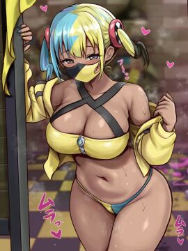1girls areola areola_slip areolae_slip armwear bandeau bikini bikini_bottom bikini_top black_halterneck blonde-haired_female blonde_hair blue_nails blush breasts cameltoe canari_(pokemon) canary_(pokemon) cleavage criss-cross_halter dark-skinned_female dark_skin elbow_gloves face_mask female game_freak half-dressed halterneck huge_breasts jacket large_breasts lidded_eyes looking_at_viewer micro_bikini multicolored_hair multicolored_mask multicolored_panties nail_polish navel nintendo nipple_bulge nipple_outline nipple_play nose_blush open_mouth partially_clothed pokemon pokemon_legends:_z-a posing posing_for_the_viewer r-binon sexy_pose solo solo_female solo_focus sweat sweating sweaty tagme thigh_highs thighhighs two-tone_mask two-tone_panties yellow_bandeau yellow_jacket yellow_nails