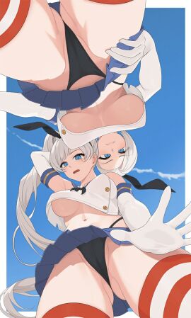 2girls big_breasts black_panties blue_eyes breasts bw-ring cosplay crossover_cosplay female female_only high_ponytail kantai_collection light-skinned_female light_skin long_hair looking_at_viewer looking_down multiple_girls ponytail rwby shimakaze_(kantai_collection)_(cosplay) sisters thong thong_panties underboob weiss_schnee white_hair winter_schnee