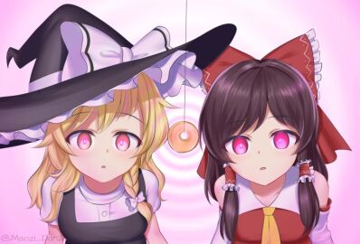 2girls blonde_hair braided_ponytail brown_hair detached_sleeves female femsub frilled_hat glowing_eyes hair_ornament hair_ribbon hair_tubes hat hypnosis long_hair maozi_dan marisa_kirisame mind_control multiple_females multiple_girls multiple_subs open_mouth pendulum red_eyes reimu_hakurei side_ponytail touhou witch_hat yellow_eyes