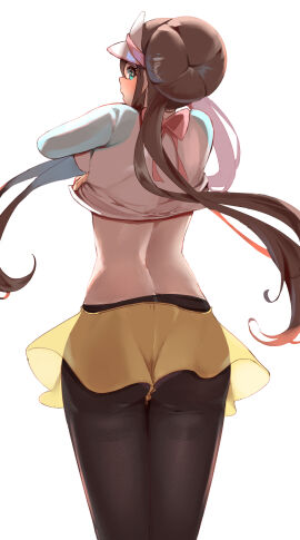 1girls :o ass blue_eyes blush bow brown_hair commentary creatures_(company) double_bun embarrassed female game_freak hi_res long_hair long_twintails looking_at_viewer looking_back momdy_(talesshinja) nintendo open_mouth pantyhose pokemon pokemon_(game) pokemon_bw2 raglan_sleeves rosa_(pokemon) see-through see-through_clothing shirt_lift short_shorts shorts simple_background solo standing tights twintails undressing very_long_hair visor_cap white_background