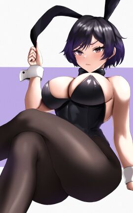 big_breasts black_and_purple_hair breasts bunny_ears bunnysuit female female_only lilshigu looking_at_viewer namco reina_mishima sitting tekken tekken_8 thick_thighs
