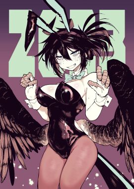 antenna_hair bags_under_eyes black_hair bow breasts bunny_ears bunny_girl bunnysuit claws crow-chan_(karasu_raven) cute female gradient_background grin karasu_raven low_wings messy_hair monster monster_girl smile wings