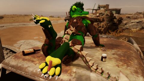 16:9 ambiguous_gender anthro armor bethesda_softworks bone_tail canid canine canis cuntboy curling_toes drug_usage drugs fallout feet female foot_fetish foot_focus foot_play fur green_body green_fur gun hi_res intersex lance_barrowpaw lance_the_lich lich male mammal pawpads paws post-apocalyptic pubes raider_(fallout) ranged_weapon solo solo_focus tank toes undead vehicle weapon widescreen wolf