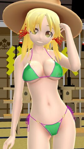1girls 2023 3d belly_button bikini blonde-haired_female breasts cleavage deity female god green_bikini hat hati_yukkuri_mmd indoors light-skinned_female light_skin looking_at_viewer mmd mountain_of_faith one_arm_up red_knot short-haired_female solo_female solo_focus suwako_moriya swimsuit touhou yellow_eyes