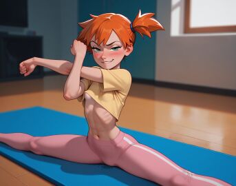 ai_generated areolae_peeking eraofsin flat_chest grool kasumi_(pokemon) pokemon puffy_nipples red_hair redhead_female small_breasts smirk splits stretching underboob wet_spot yoga yoga_pants