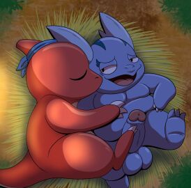 absurd_res accessory balls bed bedroom_eyes blue_balls blue_body charmeleon claws closed_eyes clothing cuddling cute_fangs duo eddy_(includefireio) embrace erection feet feral finger_claws furniture generation_1_pokemon genitals hand_on_chest head_horn headband hi_res horn humanoid_genitalia humanoid_penis kissing kissing_cheek leroy_mirage looking_at_another looking_at_partner looking_pleasured lying lying_on_bed male male/male markings narrowed_eyes nintendo on_bed open_mouth penile penis pokemon pokemon_(species) red_body seductive semi-anthro sex sleeping slightly_chubby slightly_chubby_male tail teeth tepigfan101 toes tongue wartortle white_claws