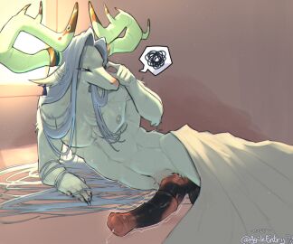 animal_genitalia animal_penis anthro artist_signature asian_mythology balls bed_sheet bodily_fluids chinese_mythology claws darkened_genitalia deer digital_media_(artwork) east_asian_mythology equine_genitalia equine_penis exsys eyelashes genital_fluids genitals hair horns long_eyelashes long_hair lying male mammal mottled_penis mythological_creature mythology penis precum precum_drip simple_background sleepy solo speech_bubble sweat throbbing_penis waking_up white_body white_hair yu_ran_(dislyte)