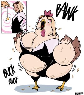 after_transformation avian avian_feet beak black_claws black_clothing blonde_hair breast_growth breasts brown_hair chicken chubby_belly dumbification eyebrow_piercing feathered_wings feathers female female_only feral gwen_stacy head_crest hhhyyyiii human_to_feral hypnosis hypnotic_eyes identity_death light-skinned_female light_skin marvel marvel_comics mental_transformation multicolored_hair pink_eyes post-transformation ripped_bodysuit spider-gwen tan_feathers transformation what white_feathers wings yellow_beak yellow_feet