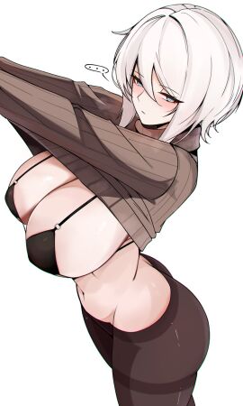 arms_up ass blue_eyes bra breasts empty_speech_bubble eyebrows_visible_through_hair eyelashes_visible_through_hair faust_(limbus_company) female large_breasts limbus_company looking_at_viewer m_ayonessa project_moon sheer_legwear short_hair side_view stockings taking_clothes_off turtleneck undressing white_hair