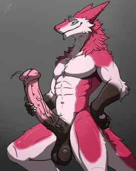 abs animal_genitalia animal_penis anthro balls big_balls bodily_fluids claws equine_genitalia equine_penis erection flared_penis fur furry fyekoz genital_fluids genital_piercing genitals green_eyes hi_res male muscular pawpads pecs penis piercing pink_body pink_fur precum sergal simple_background smile solo solo_focus tail white_body white_fur