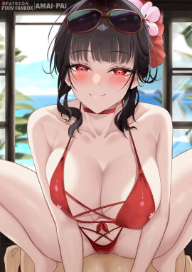 1boy 1girls amai-pai artist_name beach bikini black_hair blurry_background blush breasts choker clothed_female_nude_male collarbone commander_(nikke) cowgirl_position eyebrows_visible_through_hair female flower_in_hair goddess_of_victory:_nikke hair_ornament hi_res large_breasts looking_at_viewer male medium_hair official_alternate_costume patreon plant pov red_bikini sakura_(bloom_in_summer)_(nikke) sakura_(nikke) sea sitting_on_person sky smile solo_focus straddling straight sunglasses sunglasses_on_head swimsuit underwear water window