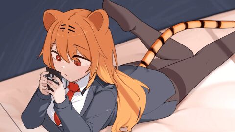 1girls 2d animal_ears big_breasts black_pantyhose black_shirt breasts concentration daebom female iron_cross kemonomimi orange_hair pantyhose patreon red_eyes red_tie solo_female tagme tail tiger_(daebom) tiger_ears tiger_tail war_thunder