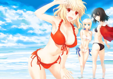 ahoge arcueid_brunestud artoria_pendragon_(fate) ass beach bikini black_eyes breasts cloud cloudy_sky fate/grand_order fate_(series) female green_eyes hip_focus jacket kara_no_kyoukai large_breasts midriff navel ocean red_eyes red_jacket ryougi_shiki sky small_breasts swimsuit tsukihime