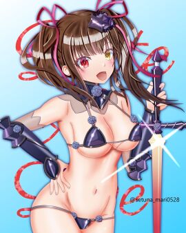 1girls armor belly bikini_armor bikini_top black_hair breasts cleavage date_a_live female female_only fully_clothed heterochromia light-skinned_female light_skin long_hair red_eyes revealing_clothes skimpy_clothes sword thighs tokisaki_kurumi twintails