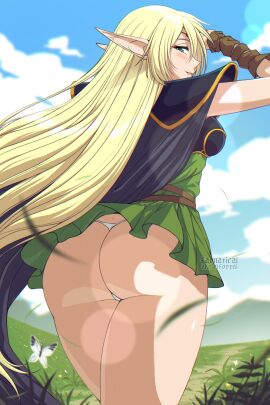 armor artist_name ass blonde_hair blue_cape blue_sky blush breastplate bug butterfly cape circlet clothes_lift deedlit dress dress_lift elf elfoppai faenatical female green_eyes grin highres insects long_hair looking_at_viewer looking_back panties pantyshot pauldrons pointy_ears record_of_lodoss_war short_dress shoulder_armor sky smile solo thong underwear very_long_hair white_panties wind wind_lift