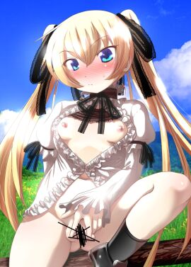 bar_censor black_boots black_ribbon blonde_hair blue_eyes blush boots breasts censored collared_shirt dress female frilled_dress frilled_shirt_collar frilled_sleeves frills frown hair_ribbon highres kakeru_(bar_peachpit) kupaa lace lace_ribbon lace_trim long_hair long_sleeves meadow medium_breasts mountain naked_dress neck_ribbon nipples open_clothes outdoors petite presenting presenting_pussy pussy ribbon ringo_mizzgal shirt sitting sky solo spread_legs spread_pussy spreading_own_pussy sweat tenkuu_no_tobira thighs twintails white_dress wide_sleeves