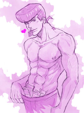 1boy abs condom condom_in_mouth diamond_is_unbreakable joestar_birthmark jojo's_bizarre_adventure josuke_higashikata looking_at_viewer male male_only masculine_male muscular muscular_male pecs shirtless shirtless_male solo