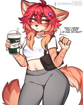 1girls anthro blush blushing catniplewds clothed crop_top cum cum_on_face female female_only fur furry furry_female furry_only glass_of_cum green_eyes nipples_visible_through_clothing orange_fur purse simple_background solo solo_female speech_bubble tail text twitch yumi_(catniplewds)