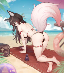 all_fours alternate_costume animal_ears ass ball_(object) barefoot beach beach_mat beachball bikini blue_sky brown_bikini brown_hair cloud cloudy_sky commentary crossed_ankles feet female fox_ears fox_girl fox_tail from_behind fugue_(honkai:_star_rail) hair_ornament hashtag-only_commentary highres honkai:_star_rail honkai_(series) looking_at_viewer looking_back mountainous_horizon o-ring o-ring_bikini outdoors paid_reward_available sky soles swimsuit tail tingyun_(honkai:_star_rail) treasure_chest yellow_eyes yunkaiming