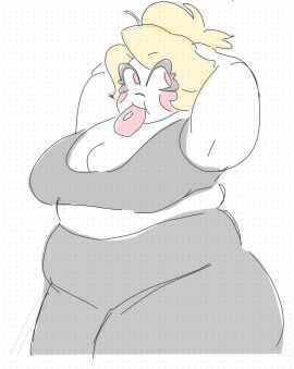 big_belly bulge charlie_morningstar_(hazbin_hotel) donut female furry hazbin_hotel muffin_top overweight overweight_female smuush tagme tight_clothing tying_hair