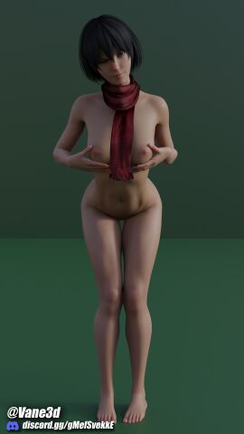 3d 3d_model attack_on_titan black_hair breast_grab breast_squeeze breasts feet female female_focus female_only groping groping_breasts mikasa_ackerman nude nude_female scarf solo solo_female vane3d