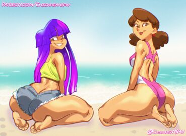 2025 2girls asian_female ass barefoot beach big_ass big_butt brown_hair butt chickpea color colored digital_drawing_(artwork) feet female female_only glitch_techs huge_ass huge_butt long_hair looking_at_viewer looking_back looking_over_shoulder miko_kubota nica_kubota purple_hair sfw short_shorts smile soles swimsuit tanktop toes very_long_hair