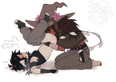 ambiguous_gender armpit_hair azure_(forsaken) bite_mark bite_marks blushed_face eating_pussy english_text face_in_ass flower_on_head forsaken_(roblox) overstimulation pants_down pussy roblox scar scars tail two_time_(forsaken) wings_on_head witch_hat xd