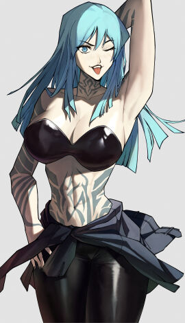 1girls abs alternate_version_available atlus bangs big_breasts black_bra black_lips black_lipstick blue_eyes blue_hair blush bra breasts clothed clothed_female clothing commission commissioner_upload demon demon_girl devil_summoner female front_view hand_above_head leather leather_clothing leather_pants lipstick long_hair looking_at_viewer madoro_q megami_tensei muscular muscular_female nemissa_(megami_tensei) one_eye_closed simple_background six_pack smile smiling smiling_at_viewer smirk smirking smirking_at_viewer solo solo_female solo_focus soul_hackers stomach_tattoo swastika tattoo tattoo_on_arm tattoo_on_neck tattoo_on_stomach tattooed_arm tattoos tongue tongue_out