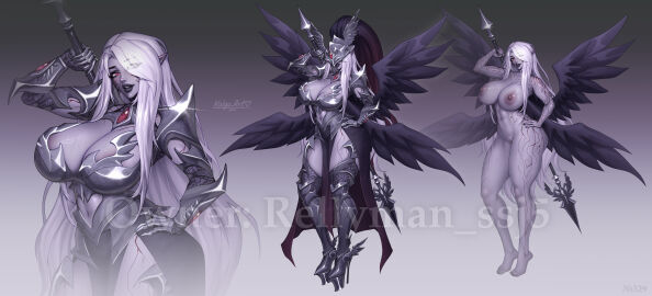 adoptable blonde-haired_female blonde_female blonde_hair dark_valkyrie_(lov) female kolgaart latex latex_bodysuit latex_clothing latex_gloves latex_suit mge monster_girl monster_girl_encyclopedia purple-skinned_female purple_skin valkyrie white_hair