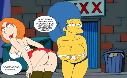 alley alone blue_hair breasts croc_(artist) family_guy female lois_griffin marge_simpson minishorts night night_sky orange_hair prostitute prostitution smile spanish_text the_simpsons translated_in_comments yellow_body