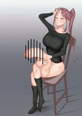 1futa animated balls bar_censor black_clothing bottomless breasts brown_hair censored chair clothed clothing crossed_legs cum cum_on_legs ejaculation erect_penis foreskin futa_only futanari gif heavy_breathing huge_balls huge_cock huge_testicles human intersex large_breasts light-skinned_futa light_skin masturbation mizarez no_panties nude partially_clothed penis ponytail sitting sitting_on_chair socks solo solo_futa testicles uncircumcised