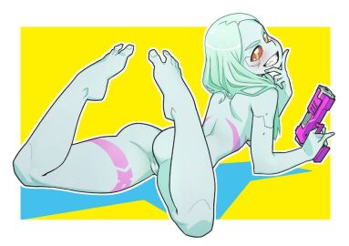 1girls anus_peek ass back blush from_behind gun pinkpirate pussy rebecca_(edgerunners) smiling_at_viewer solo_female