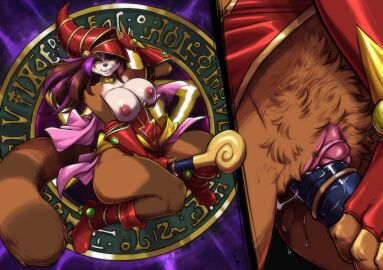 1girls alternate_color areolae bear big_breasts biting_own_lip blizzard_entertainment breasts breasts_out brown_fur brown_hair cosplay countershading dark_magician_girl_(cosplay) drooling female female_only fur furry green_eyes hi_res kiku_(white_knight19) konami long_hair looking_at_viewer narrowed_eyes naughty_face nipples pandaren pandaren_female purple_highlights pussy pussy_juice rubbing rubbing_pussy smiling smiling_at_viewer solo tail thick_thighs turtlechan ursid warcraft world_of_warcraft yu-gi-oh!