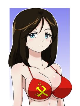 1girls big_breasts bikini blue_eyes breasts brown_hair busty cleavage expressionless female female_only flag_bikini flag_print girls_und_panzer highres large_breasts long_hair looking_at_viewer nonna_(girls_und_panzer) red_bikini russian_female solo soviet_flag swimsuit underboob voluptuous
