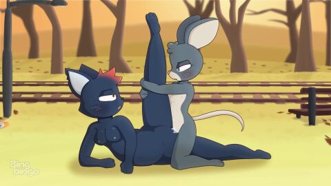 animated anthro bench bingbingo_(artist) black_body black_fur blush breasts duo evening felid feline female female/female fur grey_body grey_fur hi_res leaf leaves_on_ground loop lori_meyers mae_borowski mammal mouse murid murine night_in_the_woods nipples no_sound nude open_mouth plant railway_track rodent sex short_playtime street_lamp tagme tail tree tribadism vaginal_penetration video watermark whiskers